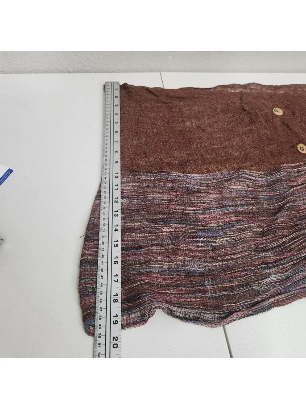 Handwoven Boho Scarf With Brown & Multicolor Panels Fringed Ends & Decorative Bu